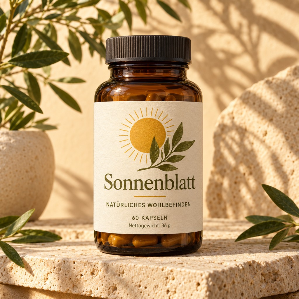 Sonnenblatt in einer Produktaufnahme mit lesbarem Etikett